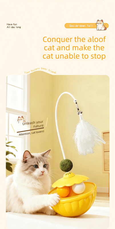 Green 2Pcs Interactive Cat Wobble Toy Set - Dual Ball Turntable & Feeder with Feather Teaser and Catnip Ball - PP Plastic for Kitten Self-Entertainment