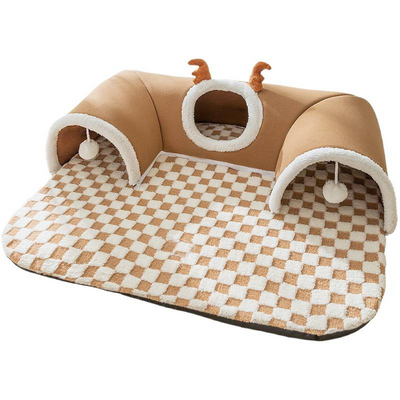 Brown  S size Cat Tunnel Bed House 4-Season Universal Removable Washable U-Shaped Cat Cave with Multi-Entrance, Plush Hideaway Pet Nest with Detachable Mat for Indoor Cats, Non-Slip Bottom, Multi-Cat Friendly