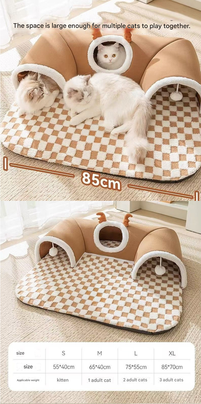 Brown  S size Cat Tunnel Bed House 4-Season Universal Removable Washable U-Shaped Cat Cave with Multi-Entrance, Plush Hideaway Pet Nest with Detachable Mat for Indoor Cats, Non-Slip Bottom, Multi-Cat Friendly