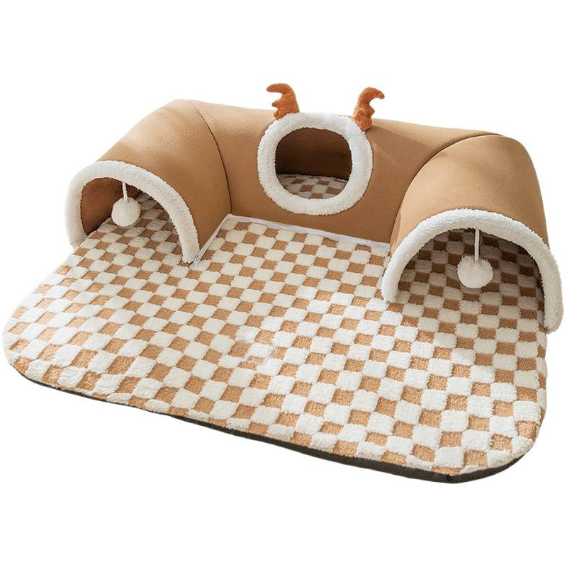 Brown  M size Cat Tunnel Bed House 4-Season Universal Removable Washable U-Shaped Cat Cave with Multi-Entrance, Plush Hideaway Pet Nest with Detachable Mat for Indoor Cats, Non-Slip Bottom, Multi-Cat Friendly