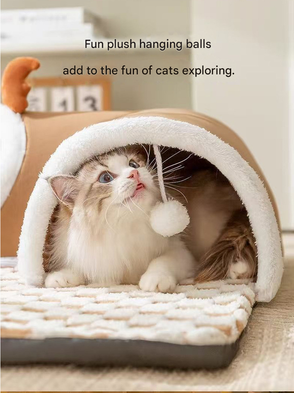 Brown  M size Cat Tunnel Bed House 4-Season Universal Removable Washable U-Shaped Cat Cave with Multi-Entrance, Plush Hideaway Pet Nest with Detachable Mat for Indoor Cats, Non-Slip Bottom, Multi-Cat Friendly