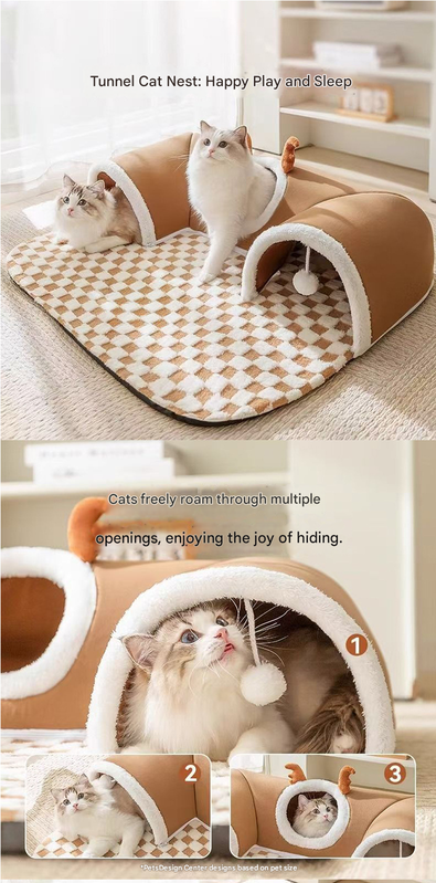 Brown  L size Cat Tunnel Bed House 4-Season Universal Removable Washable U-Shaped Cat Cave with Multi-Entrance, Plush Hideaway Pet Nest with Detachable Mat for Indoor Cats, Non-Slip Bottom, Multi-Cat Friendly