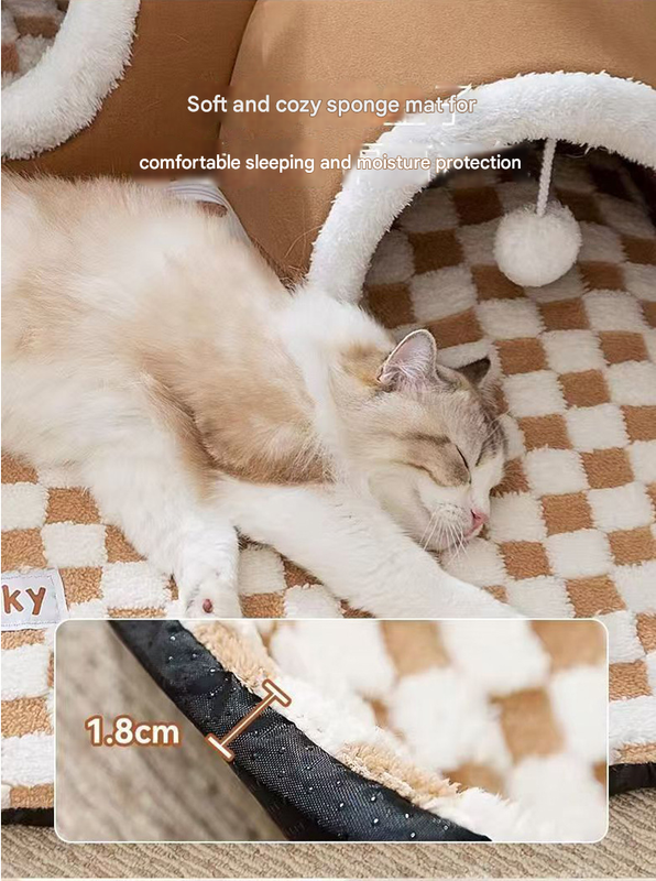 Grey M size Cat Tunnel Bed House 4-Season Universal Removable Washable U-Shaped Cat Cave with Multi-Entrance, Plush Hideaway Pet Nest with Detachable Mat for Indoor Cats, Non-Slip Bottom, Multi-Cat Friendly