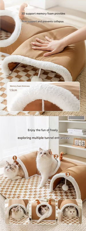 Grey XL size Cat Tunnel Bed House 4-Season Universal Removable Washable U-Shaped Cat Cave with Multi-Entrance, Plush Hideaway Pet Nest with Detachable Mat for Indoor Cats, Non-Slip Bottom, Multi-Cat Friendly
