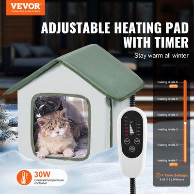 Elevated Heated Cat House, Outdoor Kitty Shelter with Timer, 600D Oxford Cloth Foldable Cat Shelter with Heated Pad for Winter to Stay Warm and Cozy, Green (Small)