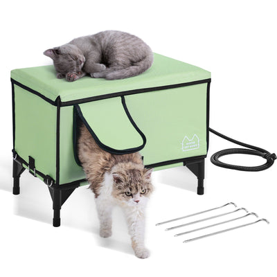 Elevated Heated Cat House, Cuboid Kitty Shelter with Adjustable Temperature and Timer, 900D Oxford Cloth Foldable Cat Shelter with Heated Pad for Winter to Stay Warm and Cozy, Green (Large)