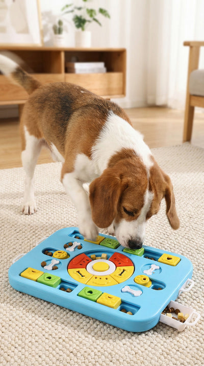 Blue interactive dog puzzle toy slow feeder treat dispenser